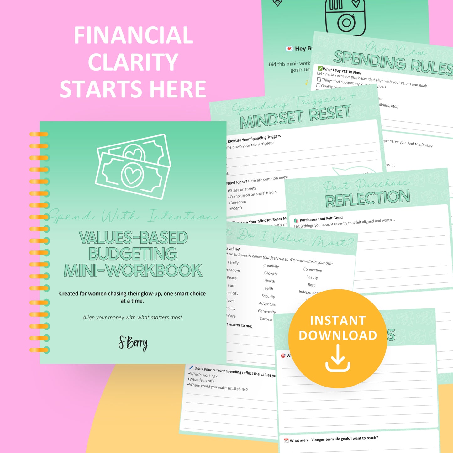 A digital budgeting mini-workbook and worksheet pages for women are displayed on a pink and yellow background with the text "Financial Clarity Starts Here" and "Instant Download.