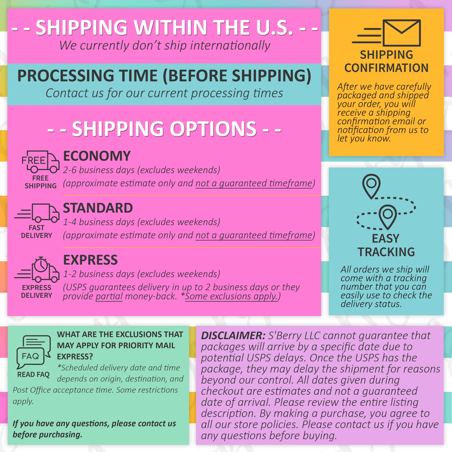 Shipping information infographic detailing U.S. shipping options: Economy, Standard, Express, with estimated delivery times, tracking details, and disclaimer about delivery guarantees.