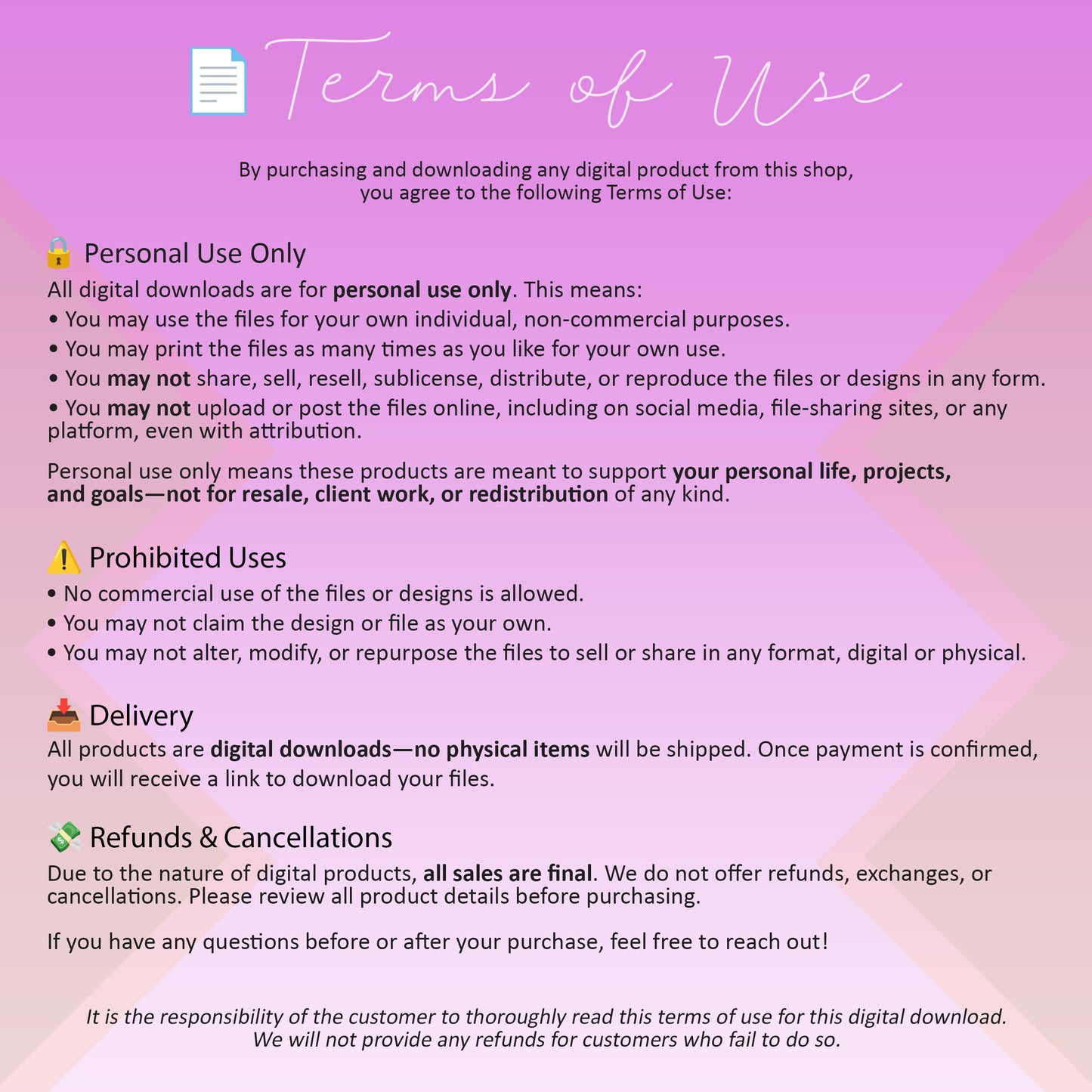 Digital Terms of Use: outlines personal use permissions, prohibited commercial use, digital delivery, all sales final policy, and encourages contacting with questions.