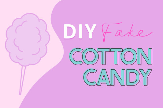 Illustration with the words "DIY Fake Cotton Candy" on a pink and purple background, featuring a simple drawing of cotton candy on the left.