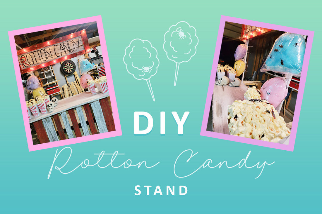 DIY cotton candy stand display with popcorn, bags of cotton candy, and a sign reading "Rotton Candy" on a teal background.