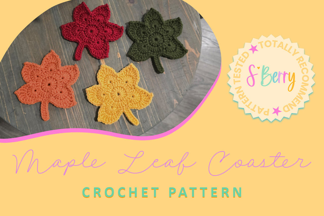 Four crocheted coasters shaped like maple leaves in red, orange, yellow, and green on a wooden table, with text promoting a crochet pattern by CuteAlley.