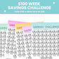 A set of colorful "$100 Week Savings Challenge" trackers with piggy bank illustrations for tracking weekly savings up to $5,200.