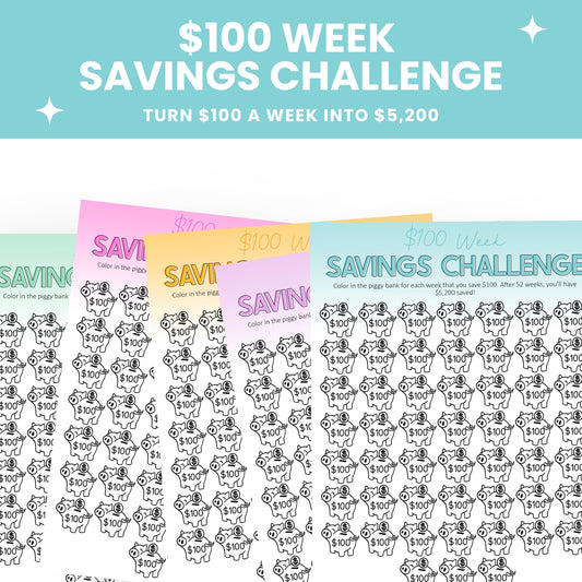 A set of colorful "$100 Week Savings Challenge" trackers with piggy bank illustrations for tracking weekly savings up to $5,200.