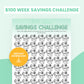 A printable "$100 Week Savings Challenge" sheet with piggy bank icons, each labeled $100, and a note indicating a total of $5,200 saved after 52 weeks; "Instant Download" sticker included.