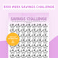 $100 week savings challenge worksheet with rows of piggy bank icons, each labeled $100, and a note about saving $5,200 in 52 weeks. An "Instant Download" badge is on the worksheet.