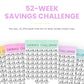 Image showing colorful 52-week savings challenge trackers, each with a grid of piggy banks to help save $1,378 in one year. Text invites users to grab the savings tracker.