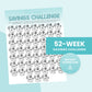 A 52-week savings challenge worksheet with piggy banks labeled with dollar amounts and an "Instant Download" button.