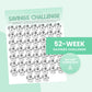 A printable 52-week savings challenge sheet features piggy banks with increasing dollar amounts to save each week, totaling $1,378, with "Instant Download" written beside it.
