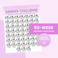 A 52-week savings challenge worksheet with piggy banks labeled with dollar amounts to color in each week; text reads "52-Week Savings Challenge" and "Instant Download.