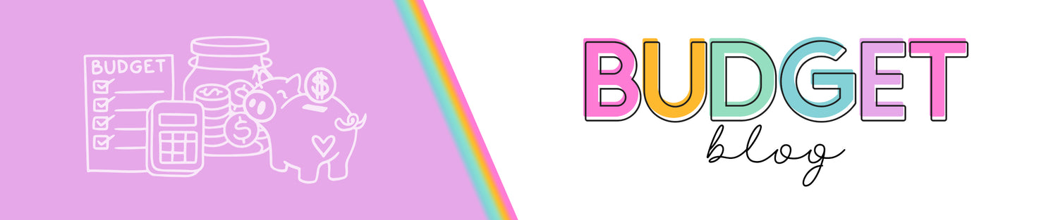 Illustration of financial planning items next to colorful text reading "Budget Blog" on a split pink and white background with a rainbow stripe.