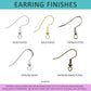 Five types of earring hooks are shown: silver plated, gold plated, stainless steel, sterling silver, and antiqued brass plated, each with a labeled sample image.