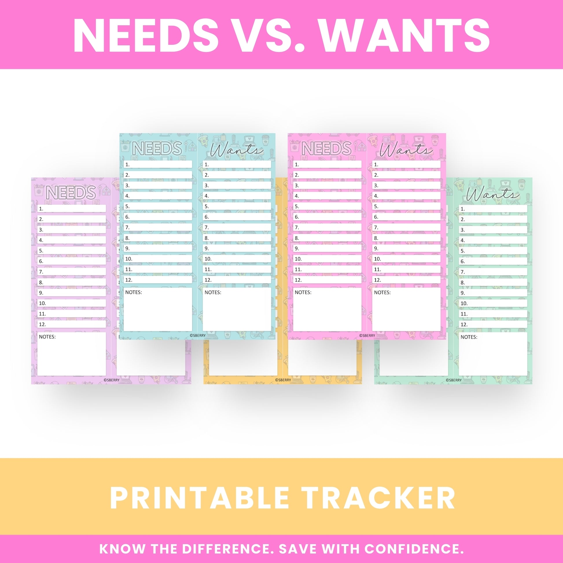 Image showing colorful printable trackers labeled "Needs" and "Wants," designed to help users differentiate and list their essential needs and non-essential wants.