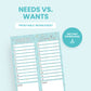 Printable worksheet titled "Needs vs. Wants" with two columns for listing needs and wants, numbered 1 to 12, and sections for notes; labeled as an instant download.