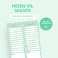 A printable worksheet with columns labeled "Needs" and "Wants," each with numbered lines and space for notes, shown with a green background and an "Instant Download" button.