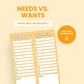 Printable "Needs vs. Wants" worksheet with separate columns and numbered lines for listing needs and wants, plus space for notes; labeled as an instant download.