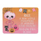 A pink skeleton with a bow stands next to pumpkins, a black cat, and a banner. The text says a new pumpkin is joining the patch and announces a girl will be a big sister.