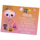 A Halloween-themed jigsaw puzzle announces a new baby joining the family, with a pink skeleton, pumpkins, a cat, and a message that Morgan will be a big cousin.
