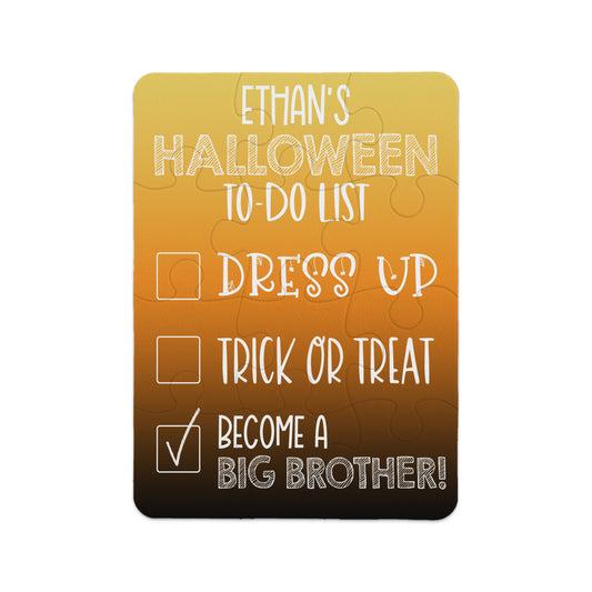 A Halloween-themed to-do list puzzle with three items: Dress Up, Trick or Treat, and Become a Big Brother; the last item is checked off.