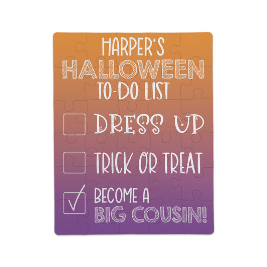 A puzzle with text: "Harper's Halloween To-Do List: Dress up, Trick or Treat, Become a Big Cousin!" with boxes, the last one checked.