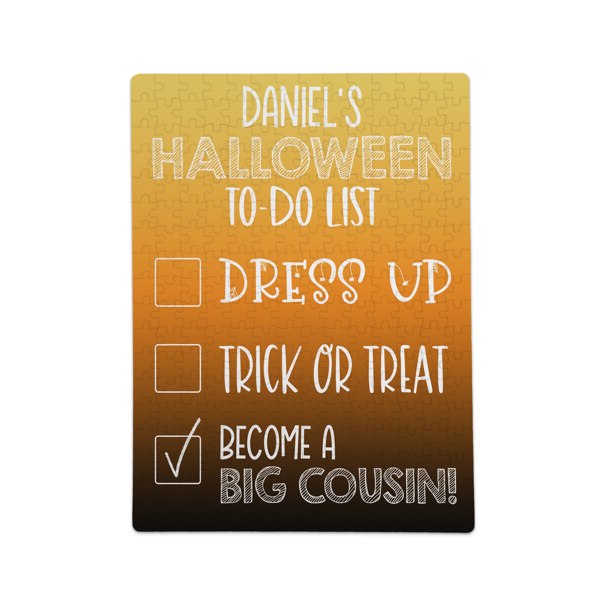 A Halloween-themed puzzle with a to-do list: Dress up, Trick or Treat, and Become a Big Cousin, with the last item checked.