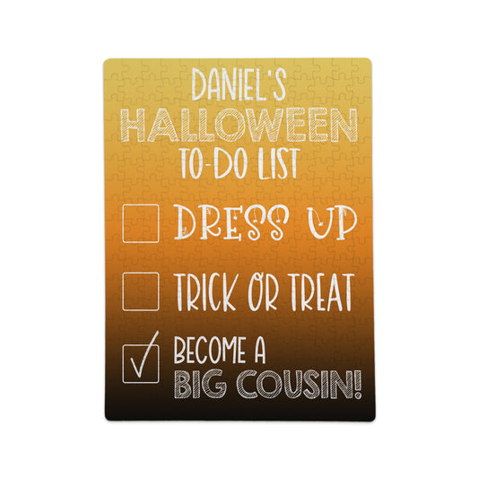 A Halloween-themed puzzle with a to-do list: Dress up, Trick or Treat, and Become a Big Cousin, with the last item checked.