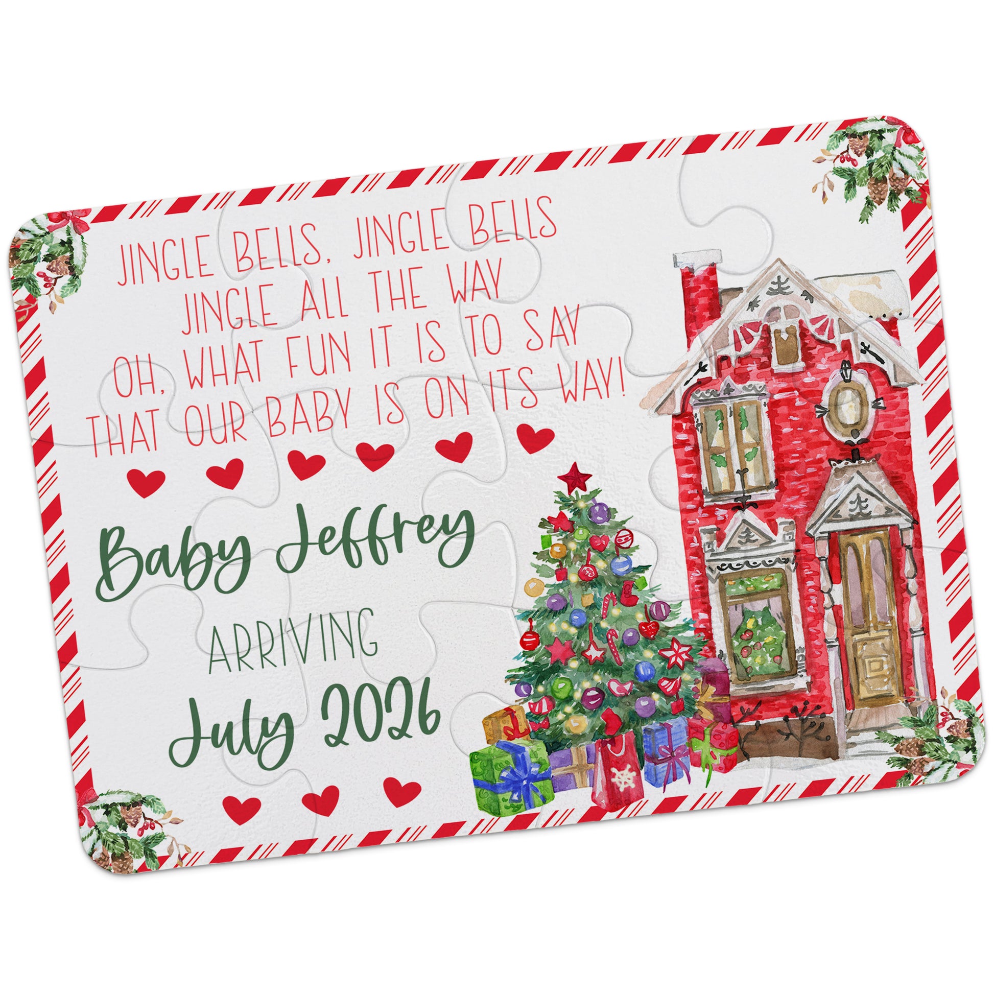 A festive puzzle announces "Baby Jeffrey arriving July 2024" with a red house, decorated Christmas tree, gifts, hearts, and a holiday rhyme.