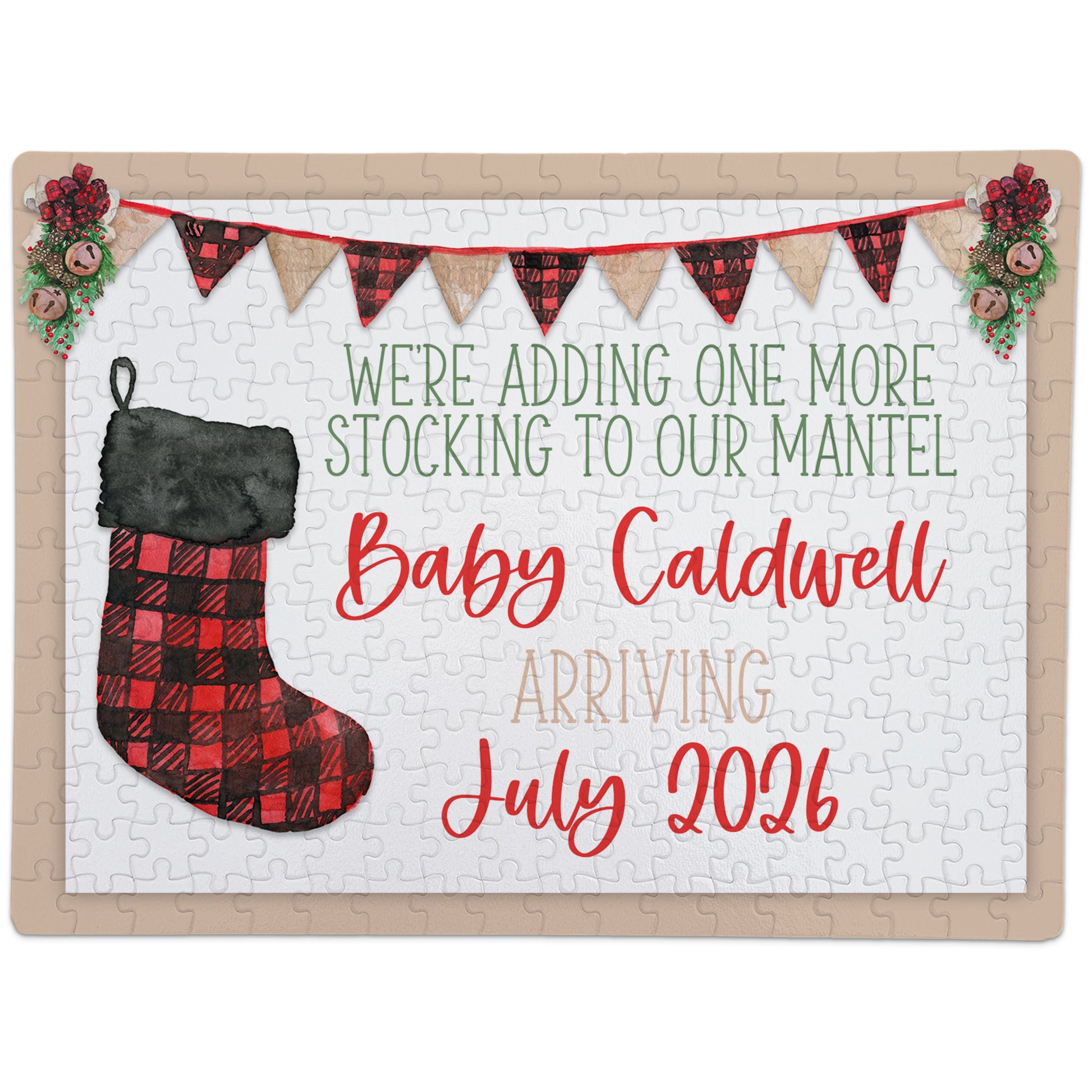 A holiday-themed puzzle announces, "We're adding one more stocking to our mantel! Baby Caldwell arriving July 2026," with a plaid stocking and festive decorations.