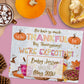 A jigsaw puzzle on a table announces a pregnancy with the text, “We're expecting! Baby Jesson arriving May 2026,” surrounded by fall decor, pie, and hot chocolate.