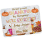 A Thanksgiving-themed card with pumpkins, pie, leaves, and food, announcing a pregnancy: "We're expecting! Baby Jesson arriving May 2026!.