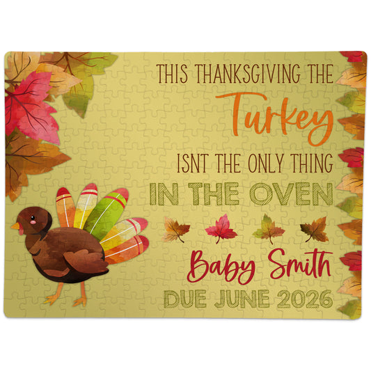 A puzzle featuring a cartoon turkey with colorful feathers, autumn leaves, and the text: "This Thanksgiving the turkey isn't the only thing in the oven. Baby Smith due June 2026.
