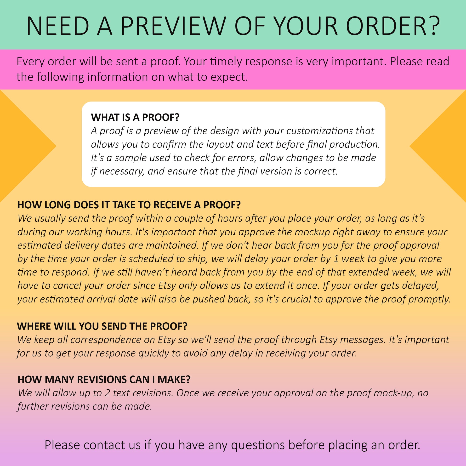 Order proof information banner with sections on proof definition, proof reception time, and cancellation policy. Contact information is provided for further questions.