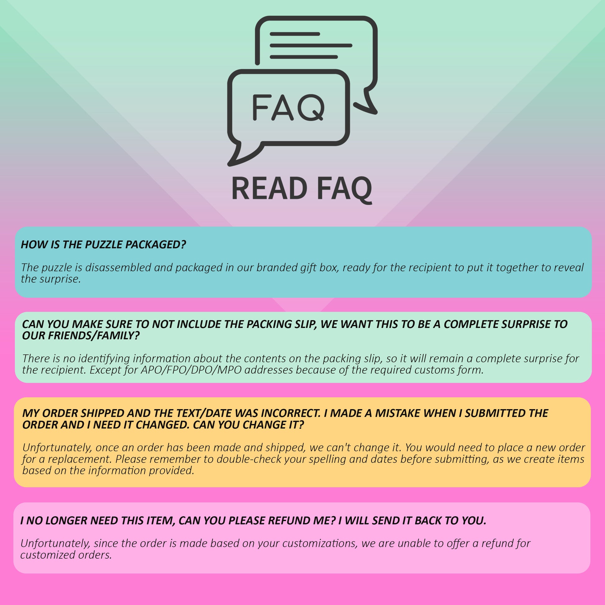 Graphic with FAQ section titled "READ FAQ," featuring four questions and answers about puzzle packaging, shipping details, and order returns, in a gradient-colored background.