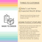 Customizable jigsaw puzzle order form with a checklist for "Baby’s Last Name" and "Expected Month & Year." Features include size options, embedded glitter, and a branded gift box.