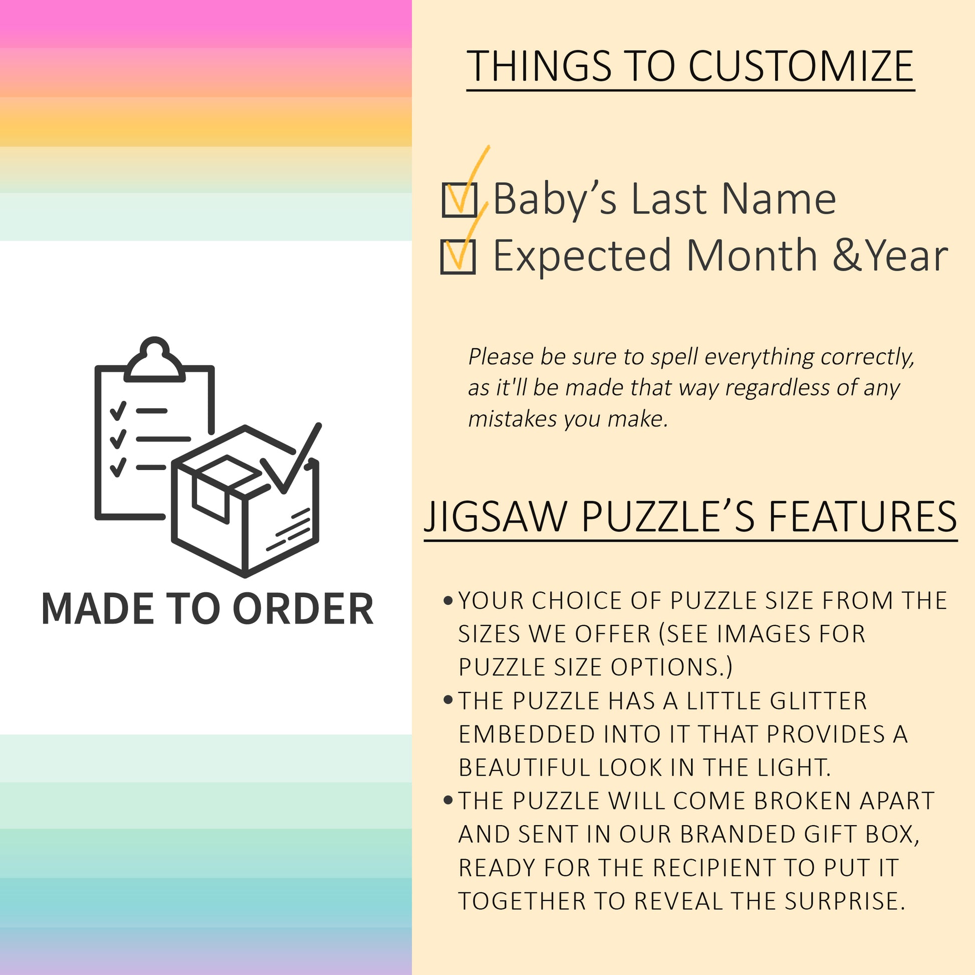Customizable jigsaw puzzle order form with a checklist for "Baby’s Last Name" and "Expected Month & Year." Features include size options, embedded glitter, and a branded gift box.