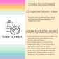 A checklist icon with "MADE TO ORDER" and information about customizing a jigsaw puzzle’s date, features, and ordering process on a pastel rainbow background.