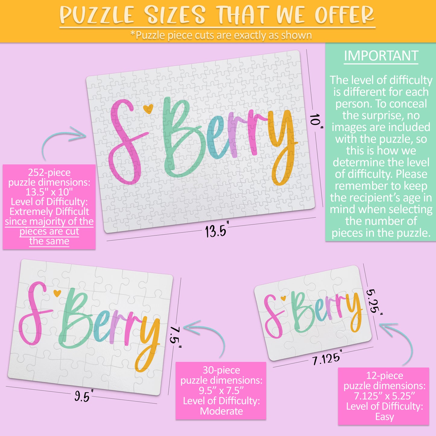 Image showing three puzzle sizes: 252-piece (13.5" x 10"), 30-piece (9.5" x 7.5"), and 12-piece (7.25" x 5.25") with difficulty levels and a note about how difficulty is determined.