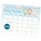 A baby shower game calendar with a clothesline and baby outfits, titled "Guess the Arrival Date of Baby Parsons," with calendar dates for guests to make predictions.