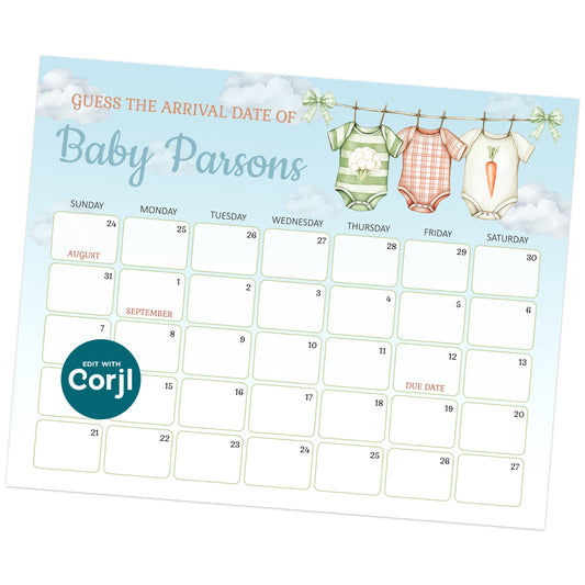 A baby shower game calendar with a clothesline and baby outfits, titled "Guess the Arrival Date of Baby Parsons," with calendar dates for guests to make predictions.