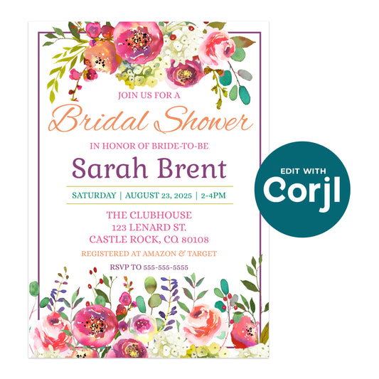 A floral bridal shower invitation for Sarah Brent with event details for August 23, 2025, at The Clubhouse in Castle Rock, Colorado.