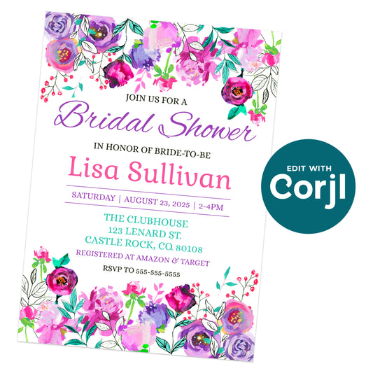 Bridal shower invitation with floral border, honoring Lisa Sullivan, scheduled for August 23, 2025, at The Clubhouse in Castle Rock, CO. RSVP information included.