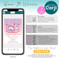 A phone displays a pink bounce house birthday invitation; side instructions explain how to purchase, edit, and print or share the digital design using Corjl.