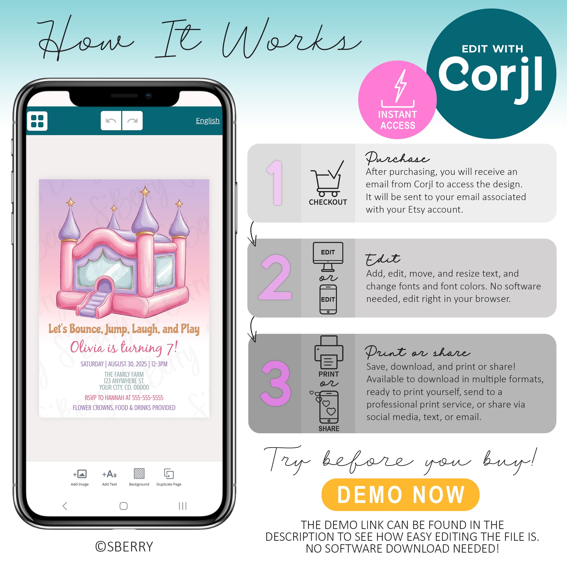 A phone displays a pink bounce house birthday invitation; side instructions explain how to purchase, edit, and print or share the digital design using Corjl.