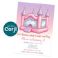 A pink and purple bounce house illustration on a birthday invitation for Olivia's 7th party, with event details and RSVP information listed below.