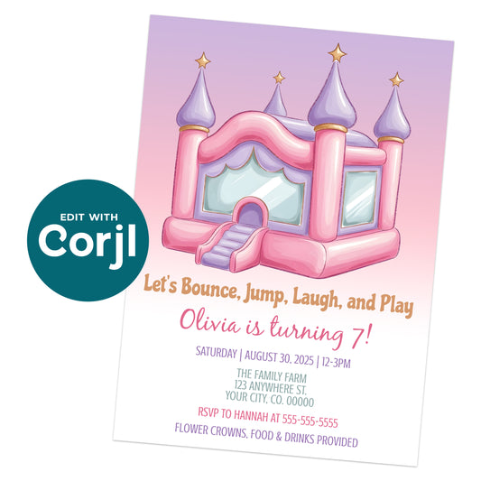 A pink and purple bounce house illustration on a birthday invitation for Olivia's 7th party, with event details and RSVP information listed below.