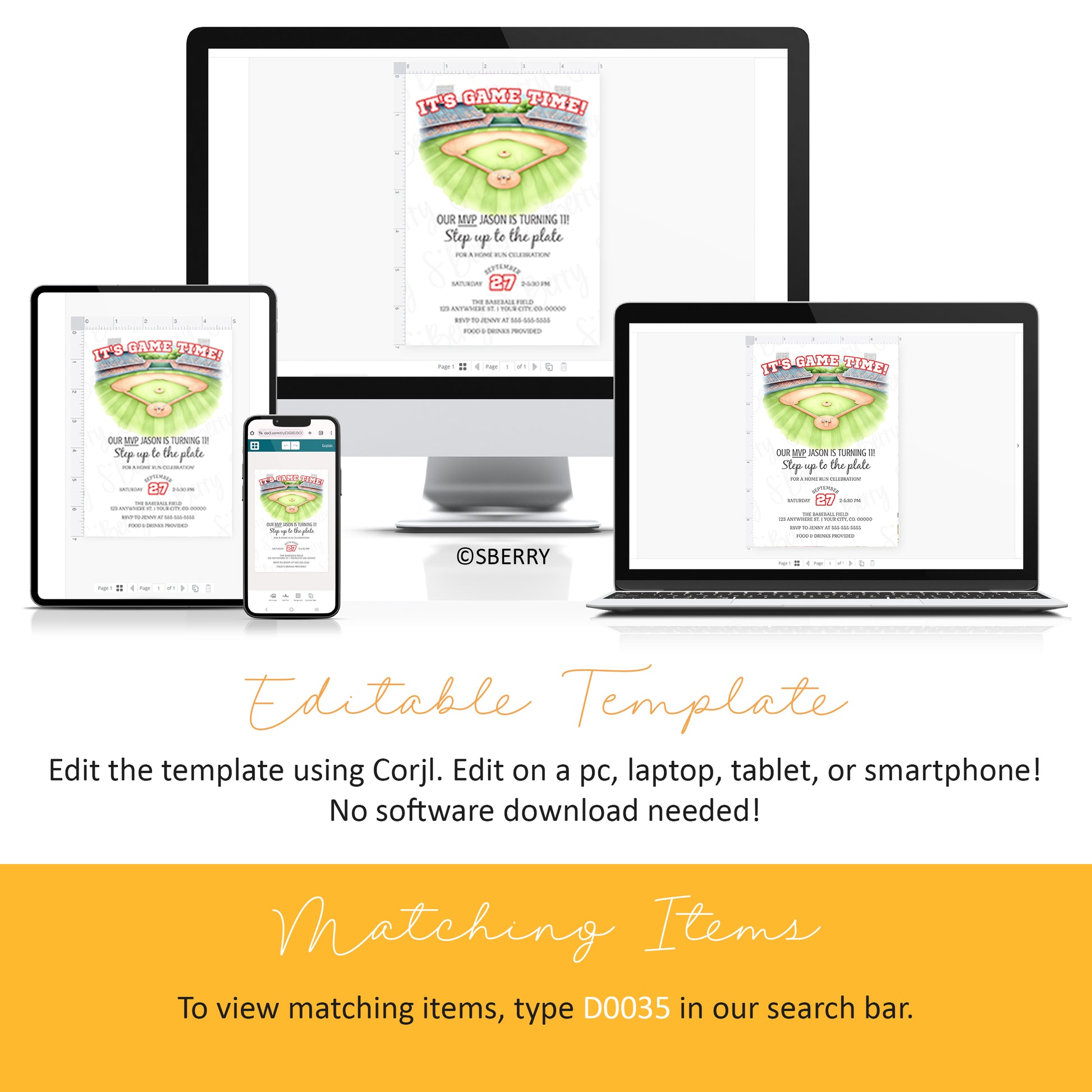 Editable baseball-themed invitation displayed on a desktop, laptop, tablet, and smartphone. Text explains template is editable on any device via Corjl with no software download required.
