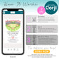 A phone displays a baseball-themed birthday invitation editing screen. Steps for purchasing, editing, and sharing the design with Corjl are shown beside the phone.
