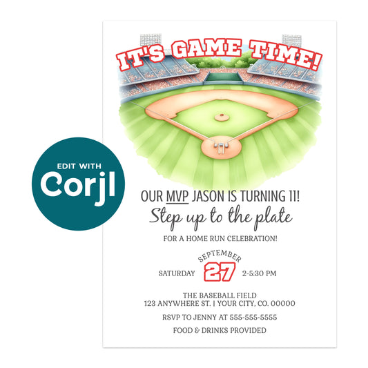 Baseball-themed birthday invitation with an illustrated stadium and text announcing an 11th birthday party on September 27, with event details and RSVP information.