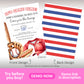 Baseball-themed birthday party invitation with bats, gloves, balls, and a cap on the front; red, white, and blue stripes on the back.