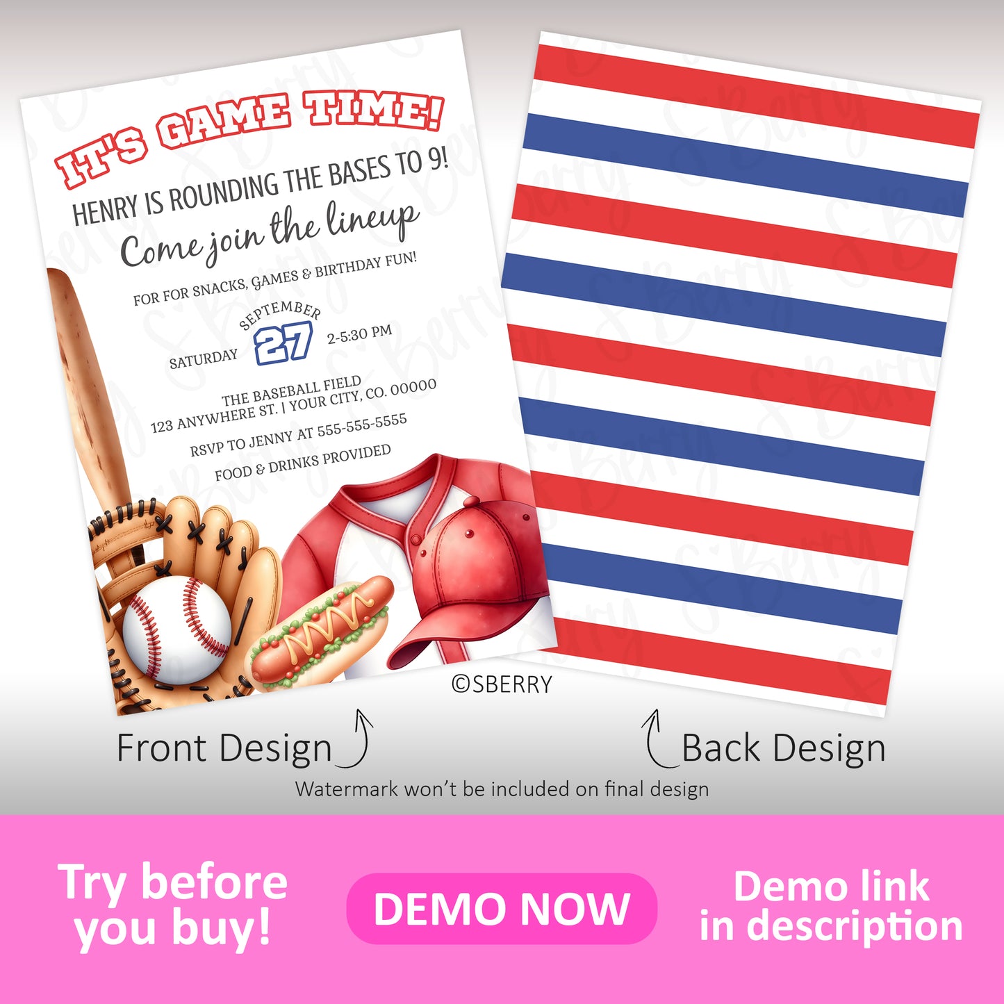 Baseball-themed birthday party invitation with bats, gloves, balls, and a cap on the front; red, white, and blue stripes on the back.